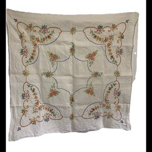 Vintage Hand-Embroidered Tablecloth Floral CrossStitch Pattern 32x32 White Retro